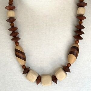 Vintage Tribal Style Dark & Light Wooden Beaded Necklace 26" Statement.